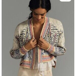 Pilcro Anthropologie Knit Cardigan Cropped Boho Sweater Color Trees Forest Orang